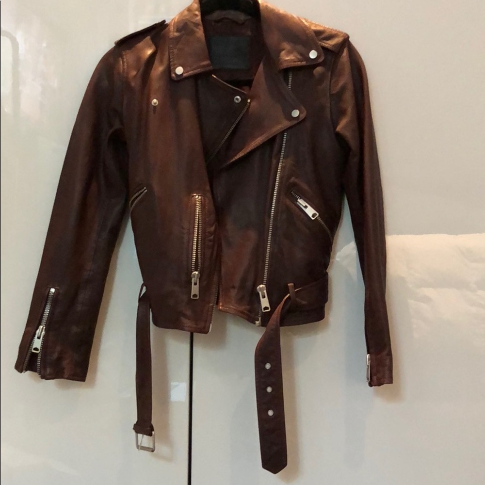 All saints burgundy leather jacket